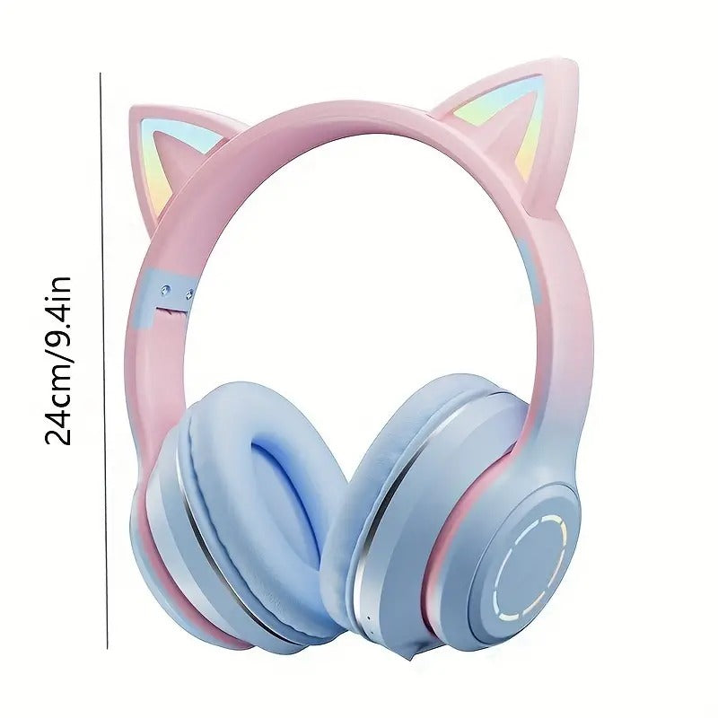 Fones de ouvido de orelha de gato sem fio 5.3 Music Headset Cor gradiente Luz LED com microfone Gamer Fone de ouvido para crianças Presentes de Natal encantadores