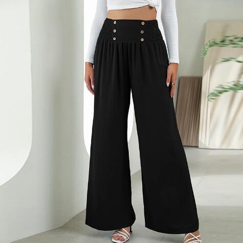 Calça casual com cintura elástica, cintura alta, perna larga