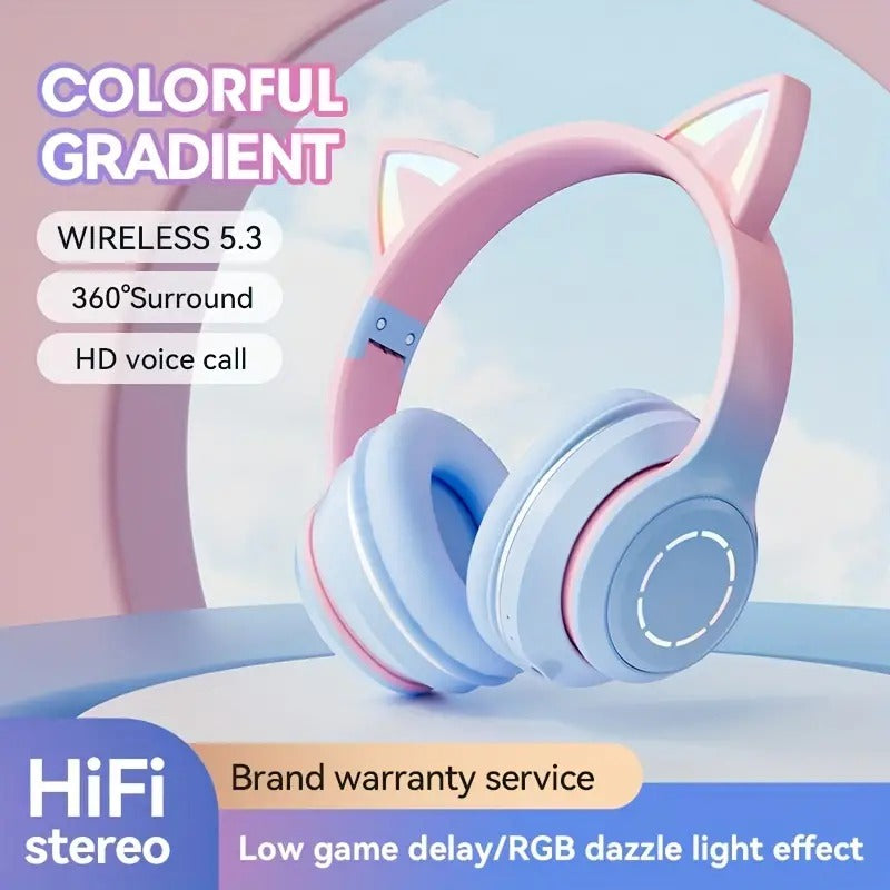 Fones de ouvido de orelha de gato sem fio 5.3 Music Headset Cor gradiente Luz LED com microfone Gamer Fone de ouvido para crianças Presentes de Natal encantadores