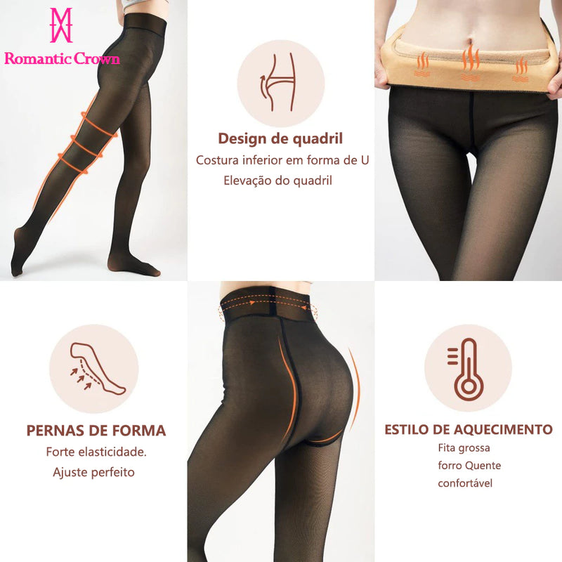 Meia-Calça Térmica Forrada Peluciada Translúcida De Lã Quente Feminina Para Inverno P/M/GG