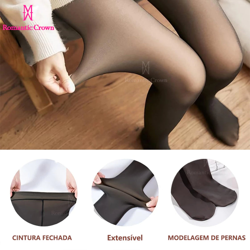 Meia-Calça Térmica Forrada Peluciada Translúcida De Lã Quente Feminina Para Inverno P/M/GG