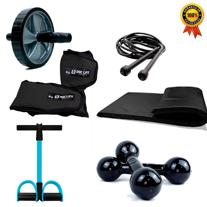 Kit Funcional Completo C/ 6 Itens :- caneleira de 3kg + halter de 1kg + colchonete + Roda + Extensor + Corda