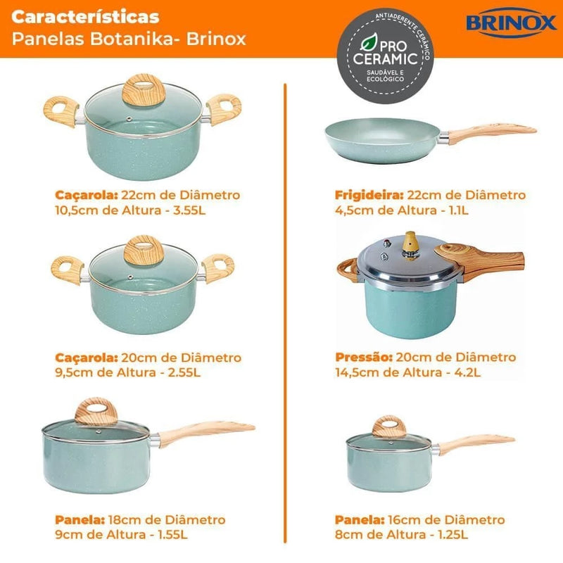 Conjunto de Panelas de Indução Com Panela de Pressão CeramicLife Botanika 6 Peças - Brinox 4815/102 4952/108