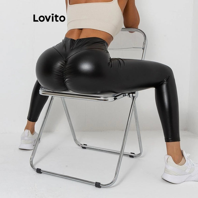 Lovito Leggings esportivas plissadas lisas esportivas para mulheres LNL61171