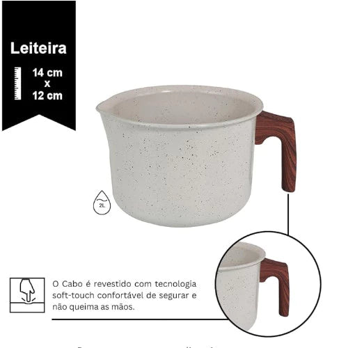 Jogo de Panelas Marmol Vanila Luxo Kit 10 Peças Indução Fundo Triplo Antiaderente cerâmica Tampa Vidro Soft Touch Fogão indução  ou fogão comum