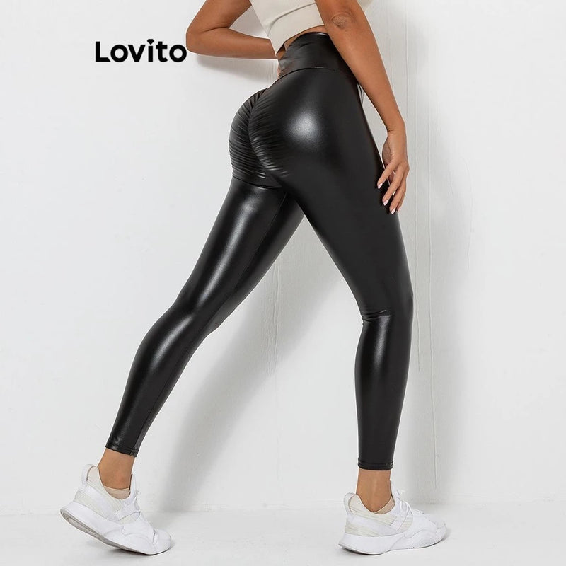 Lovito Leggings esportivas plissadas lisas esportivas para mulheres LNL61171