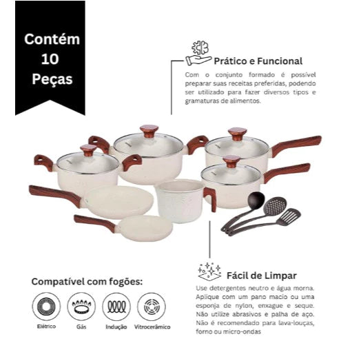 Jogo de Panelas Marmol Vanila Luxo Kit 10 Peças Indução Fundo Triplo Antiaderente cerâmica Tampa Vidro Soft Touch Fogão indução  ou fogão comum