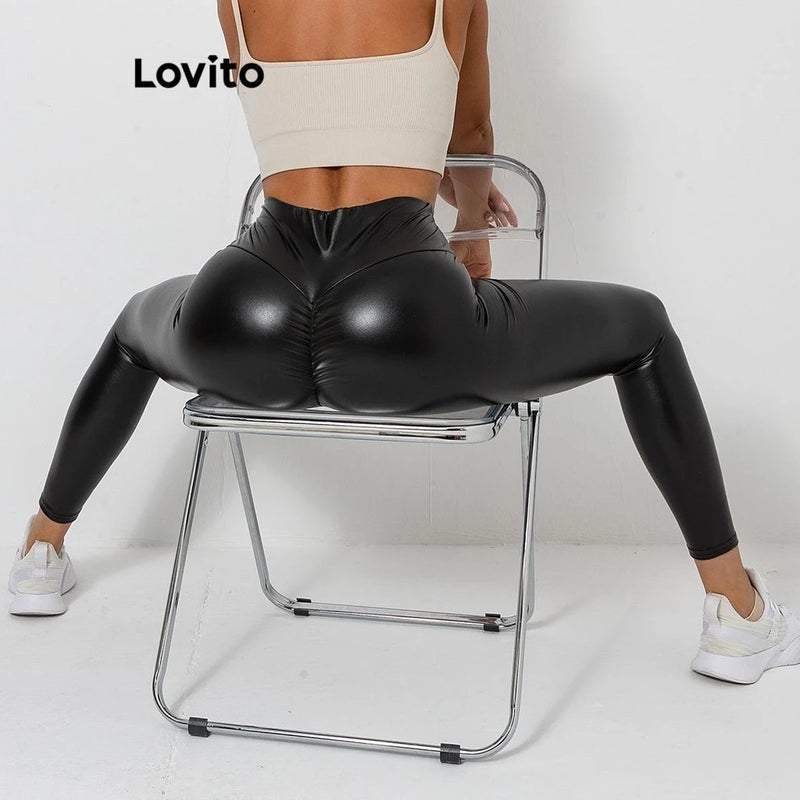 Lovito Leggings esportivas plissadas lisas esportivas para mulheres LNL61171