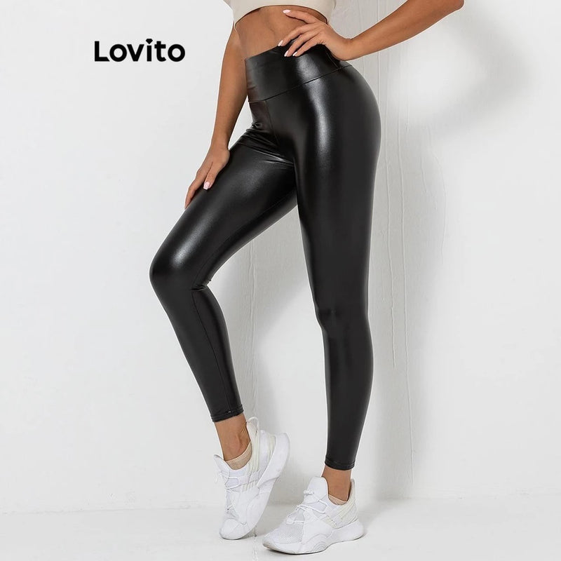 Lovito Leggings esportivas plissadas lisas esportivas para mulheres LNL61171