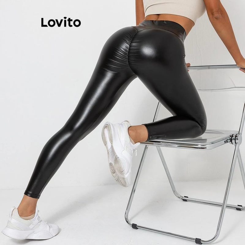 Lovito Leggings esportivas plissadas lisas esportivas para mulheres LNL61171