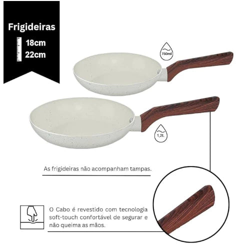 Jogo de Panelas Marmol Vanila Luxo Kit 10 Peças Indução Fundo Triplo Antiaderente cerâmica Tampa Vidro Soft Touch Fogão indução  ou fogão comum